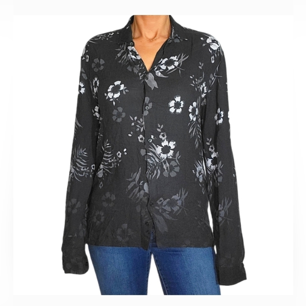 Zara Man Relaxed Fit Button Up Floral Shirt Size Small Black